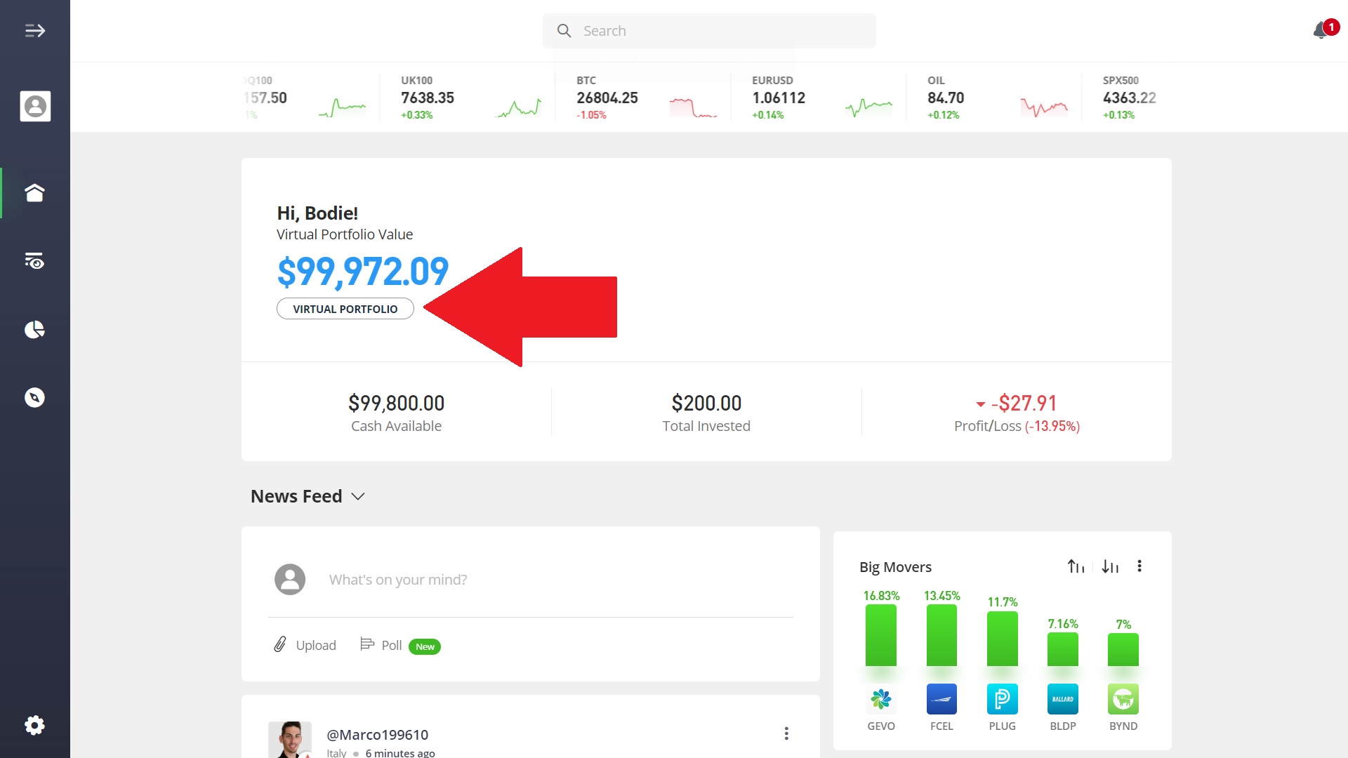 eToro platform in demo mode