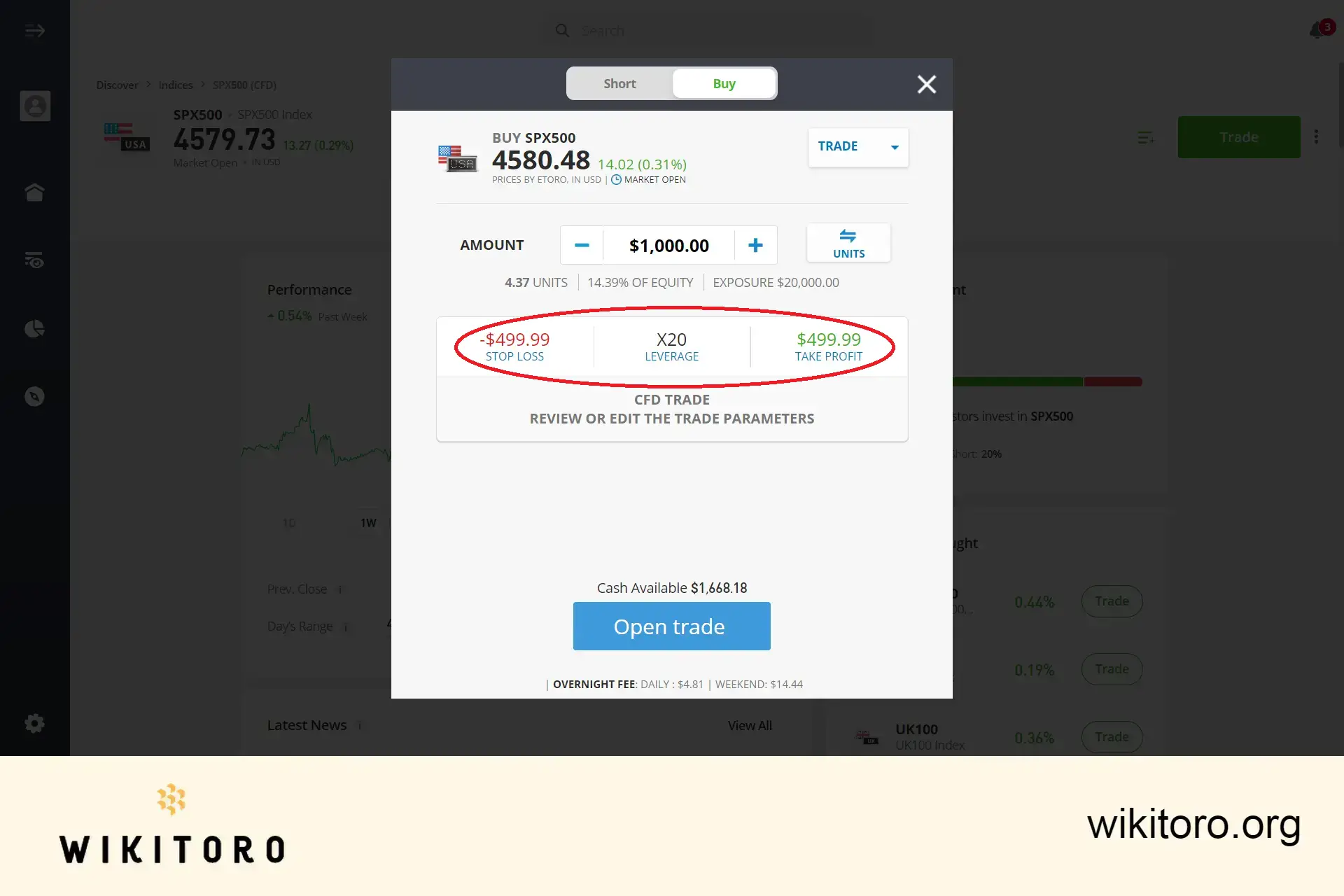 Setting eToro S&P 500 trade parameters