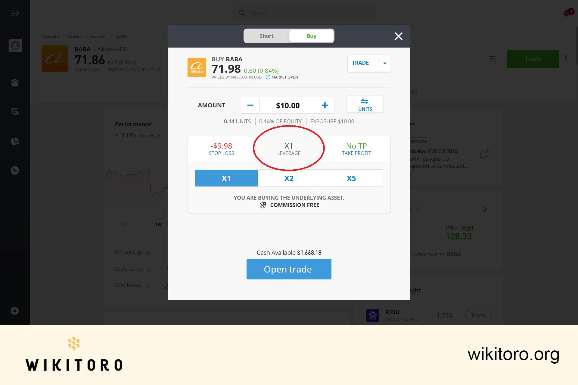 Setting eToro Alibaba stocks trade parameters