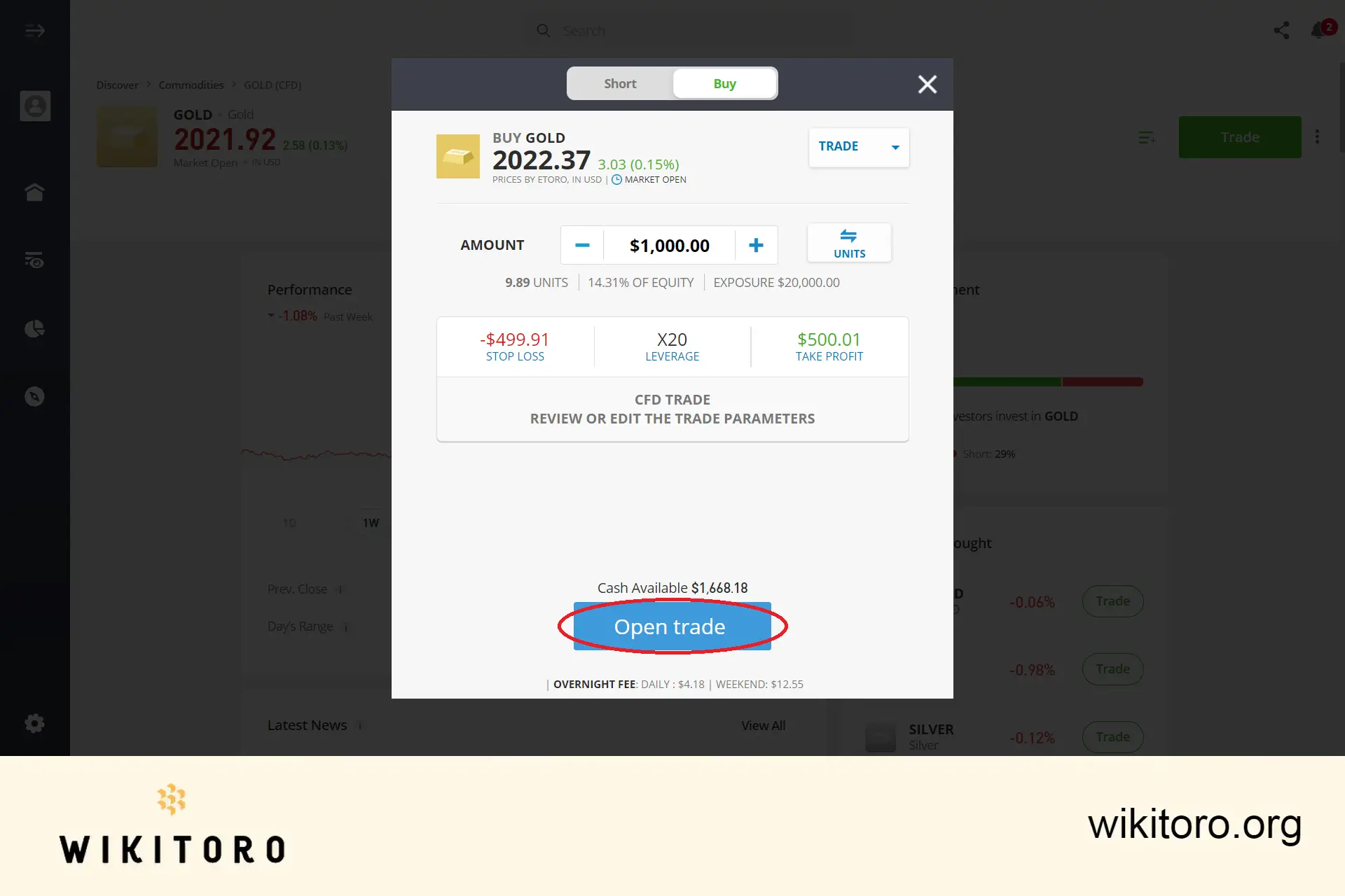 Executing eToro Gold trade order