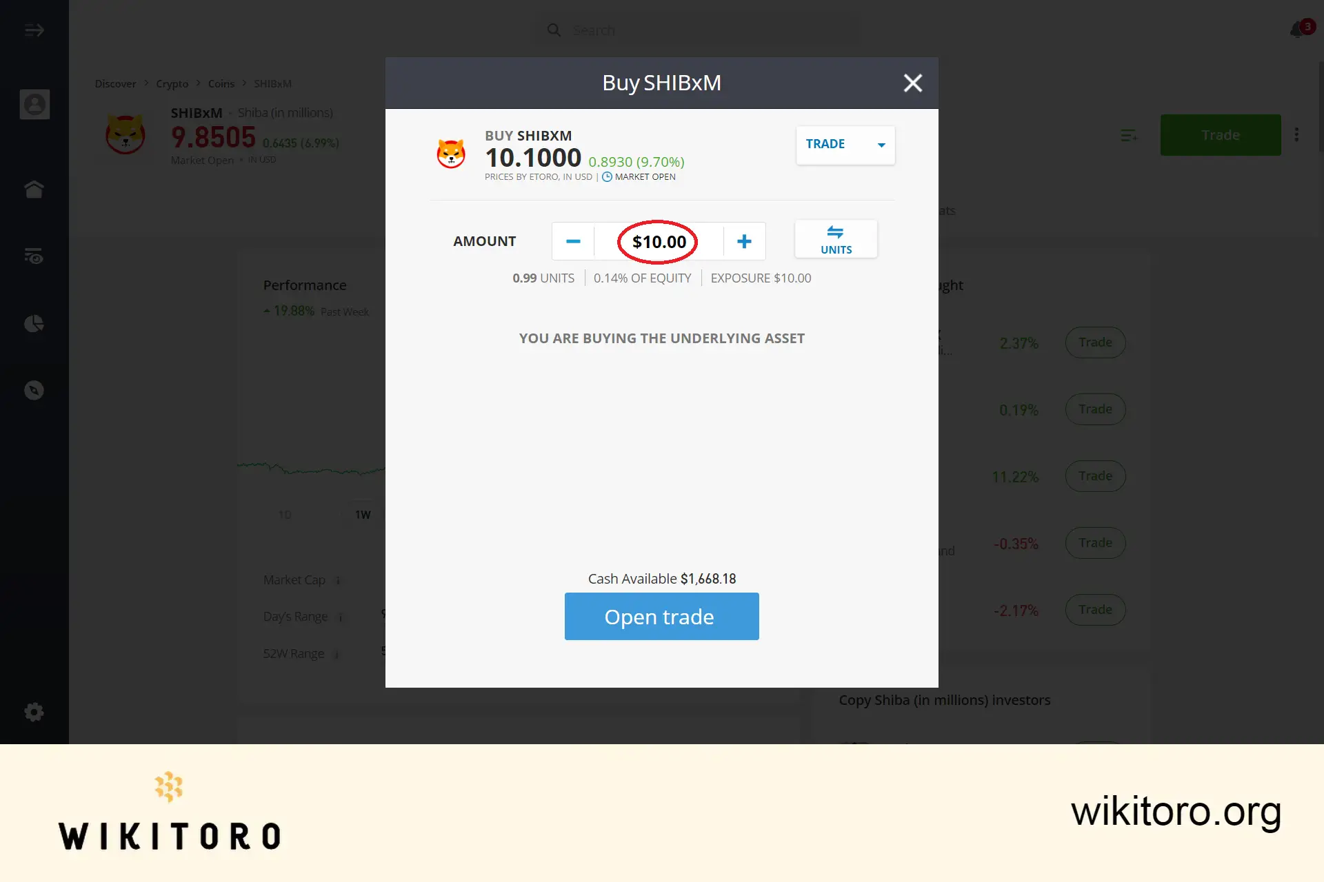 eToro Shiba Inu minimum trade is $10