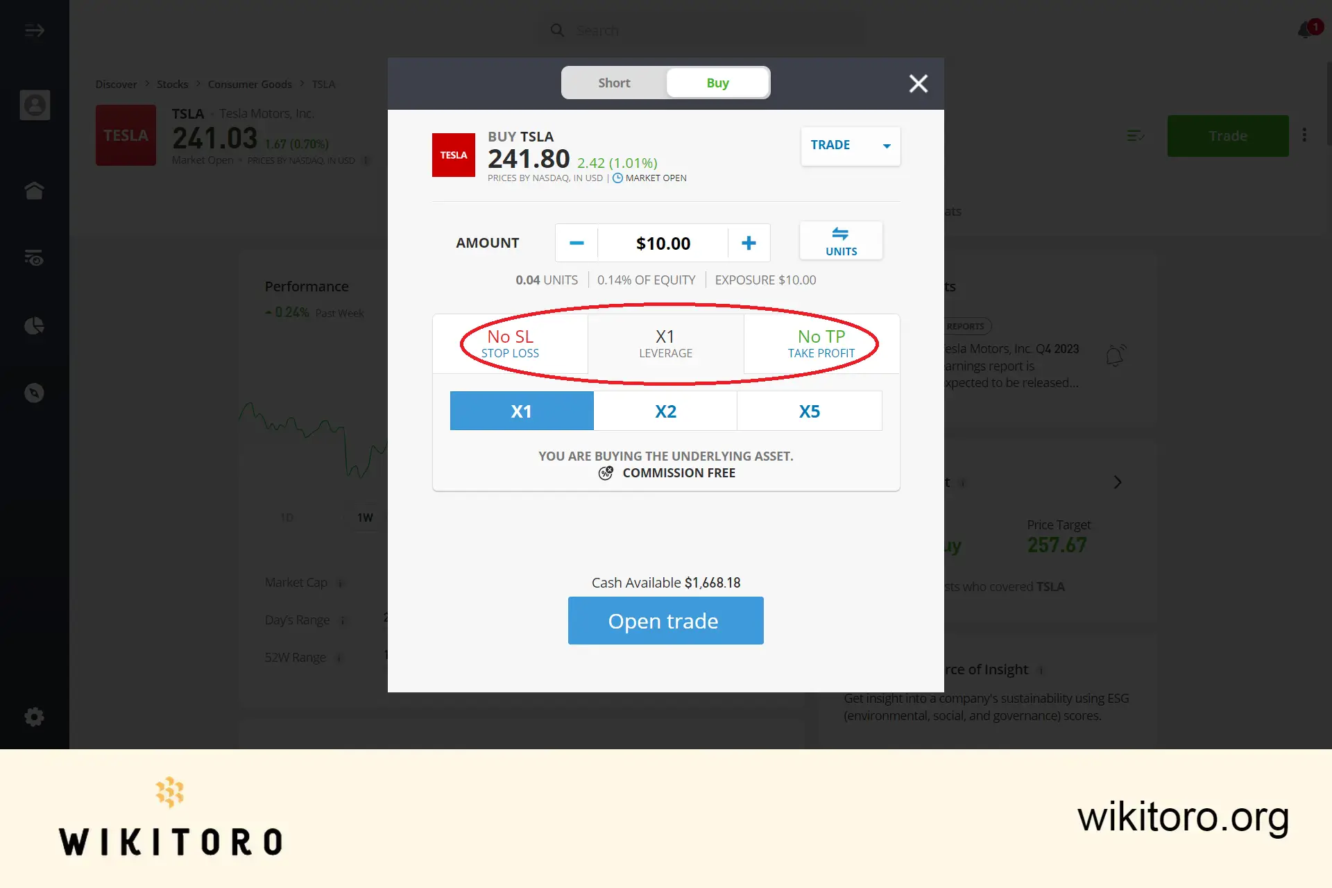 Setting eToro Tesla stocks trade parameters