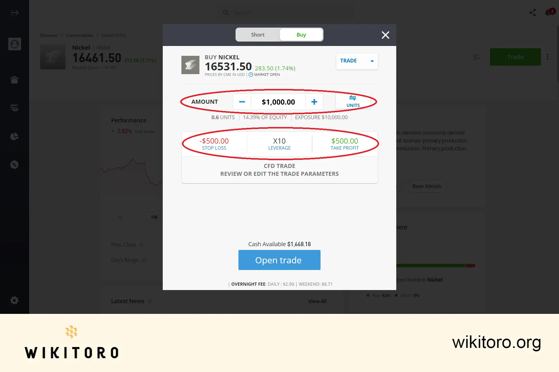 Setting nickel trading parameters on eToro