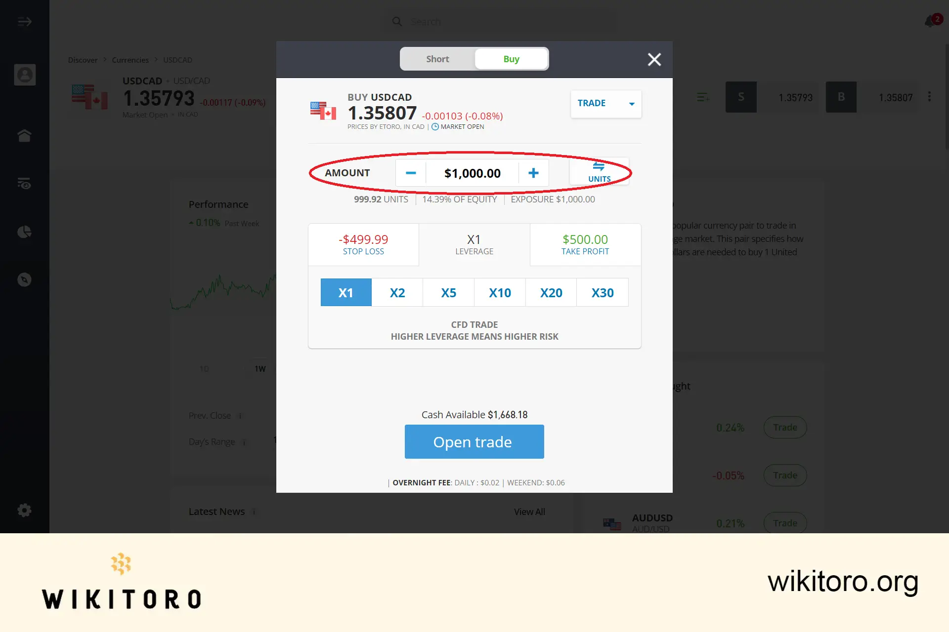 Entering eToro USDCAD trade amount