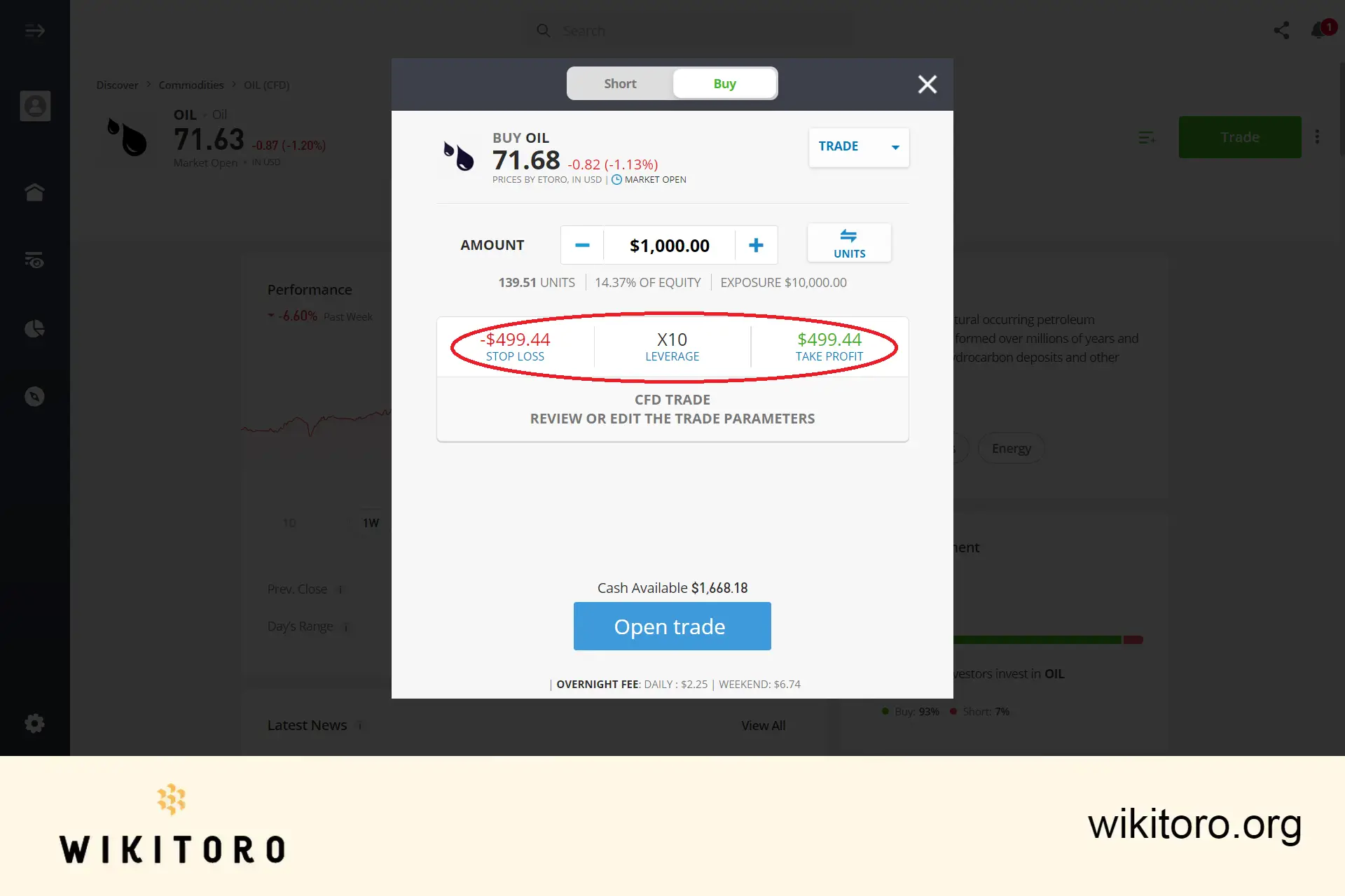 Setting crude oil trading parameters on eToro