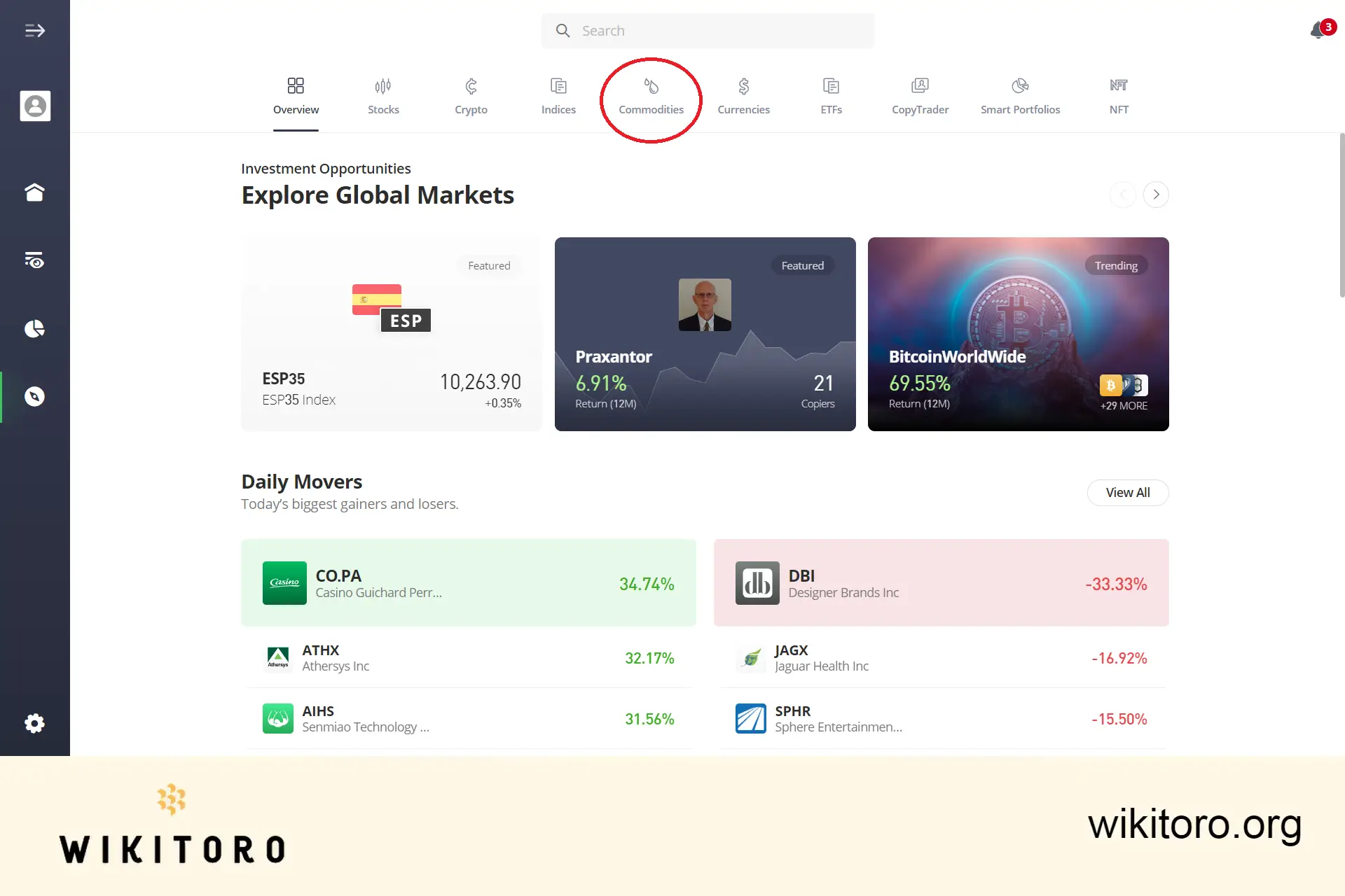 Selecting Commodities assets category on eToro