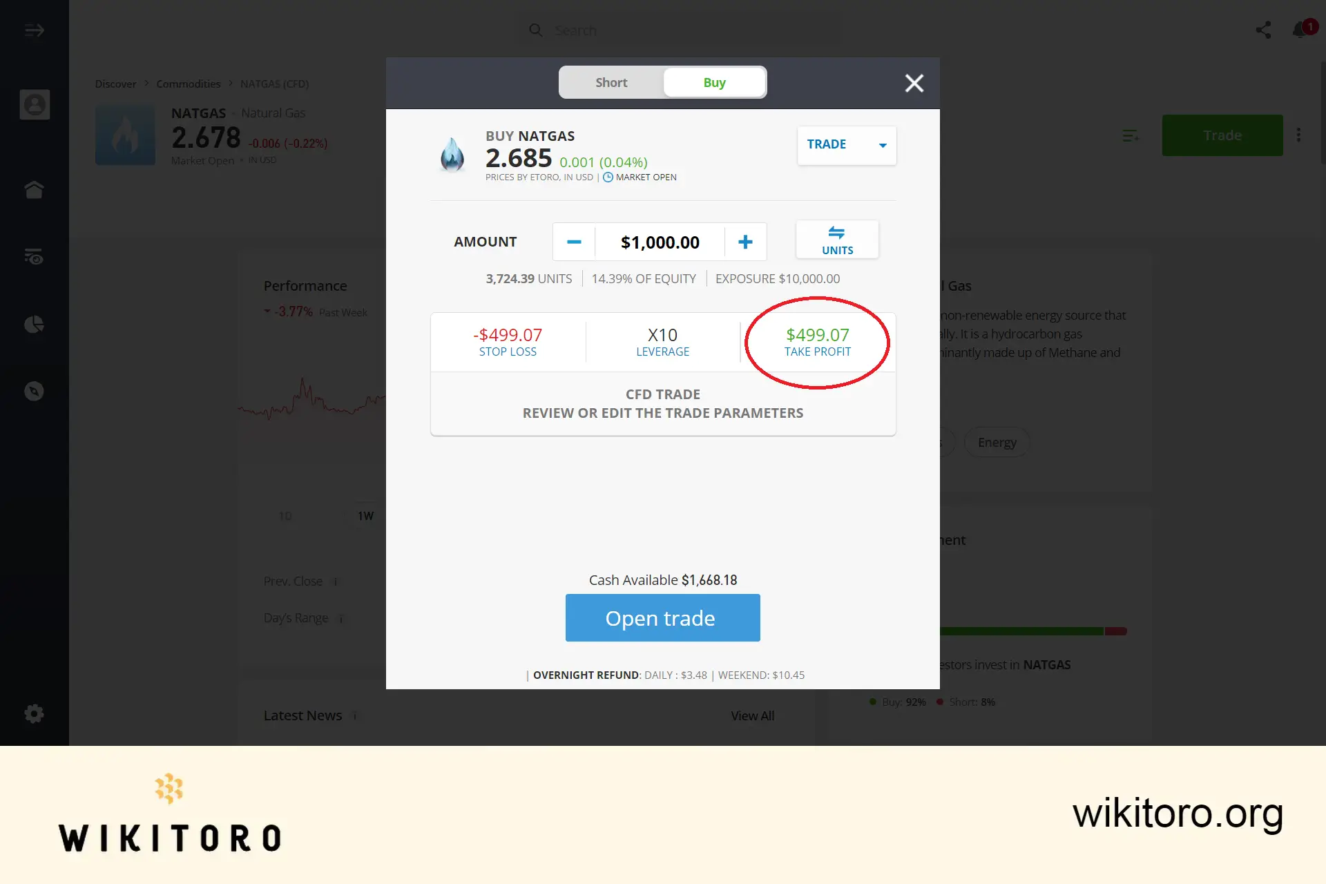 Setting natural gas trading parameters on eToro