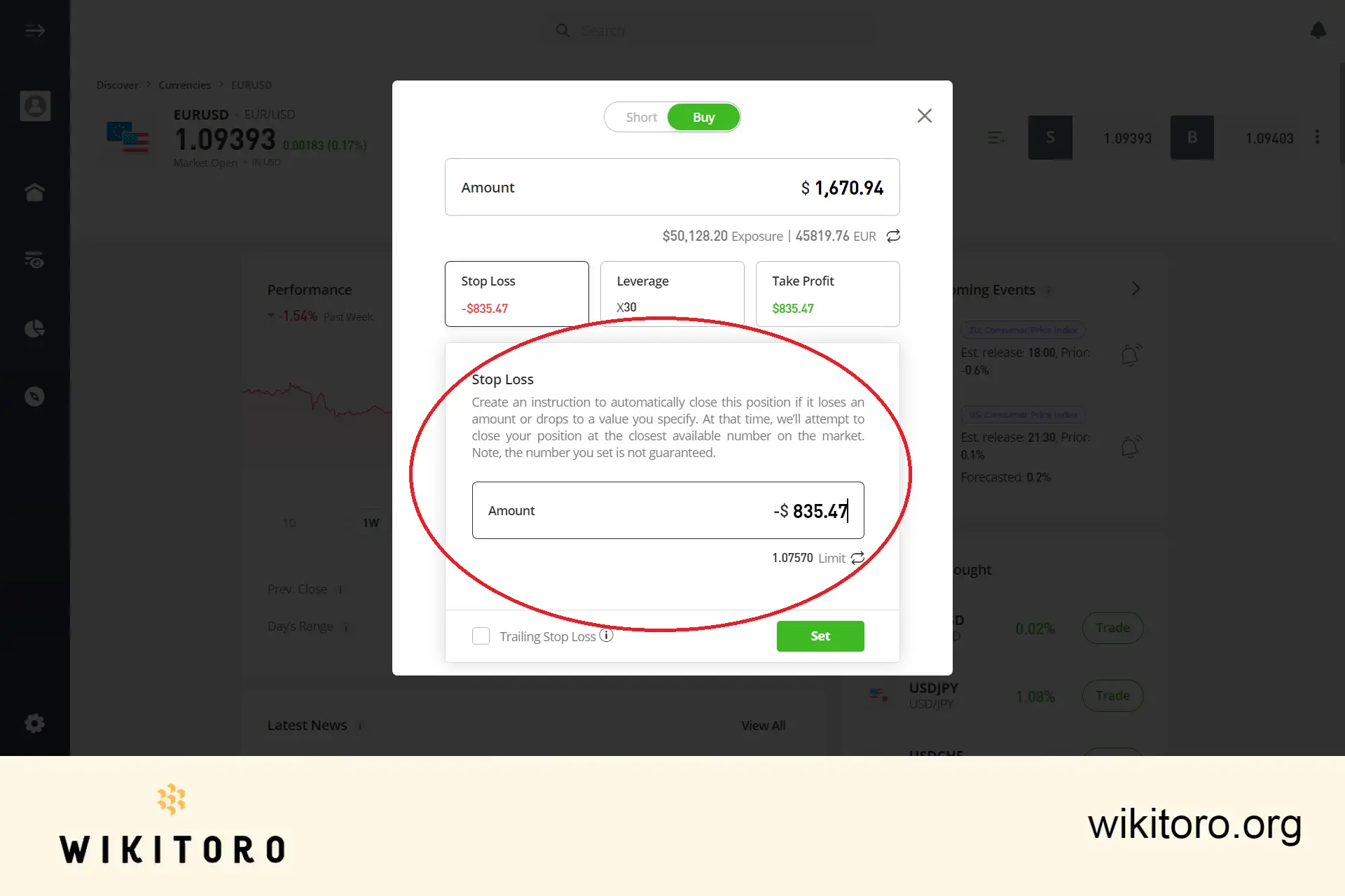 Setting eToro stop loss amount or limit