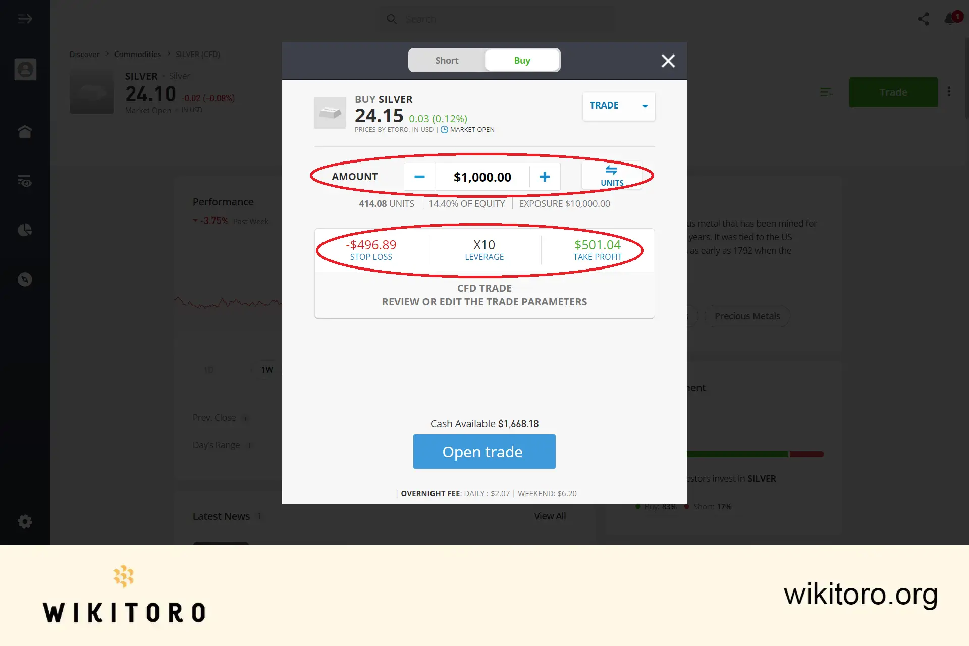 Setting silver trading parameters on eToro