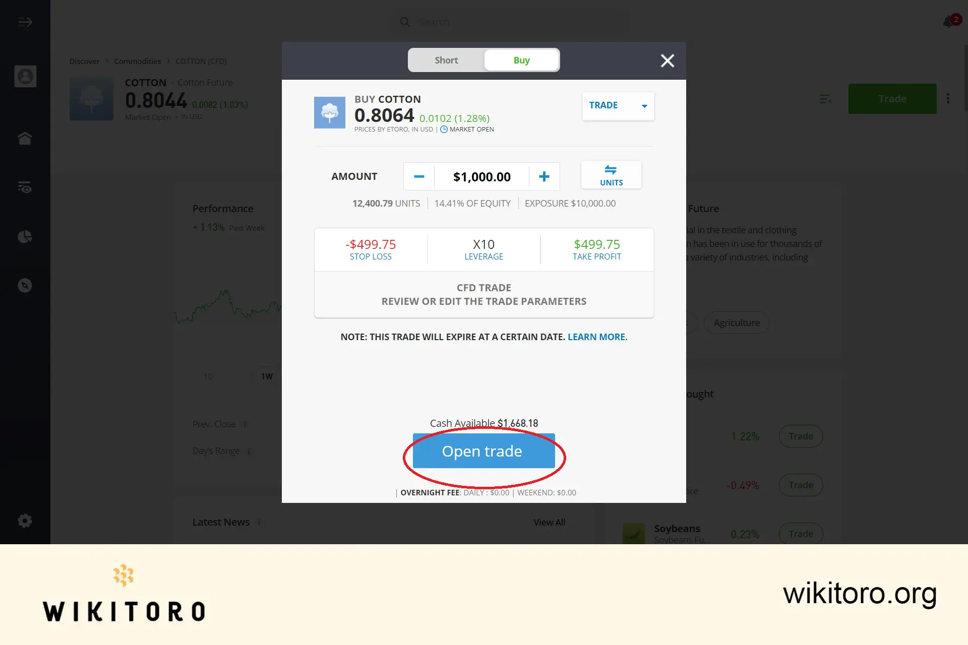 Executing eToro Cotton trade order