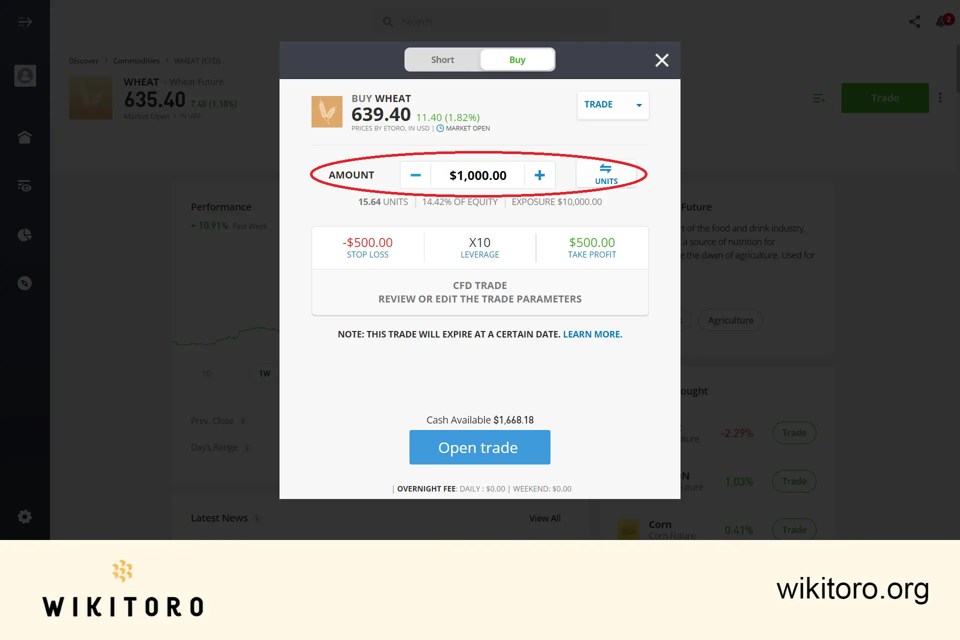 Setting wheat trading parameters on eToro