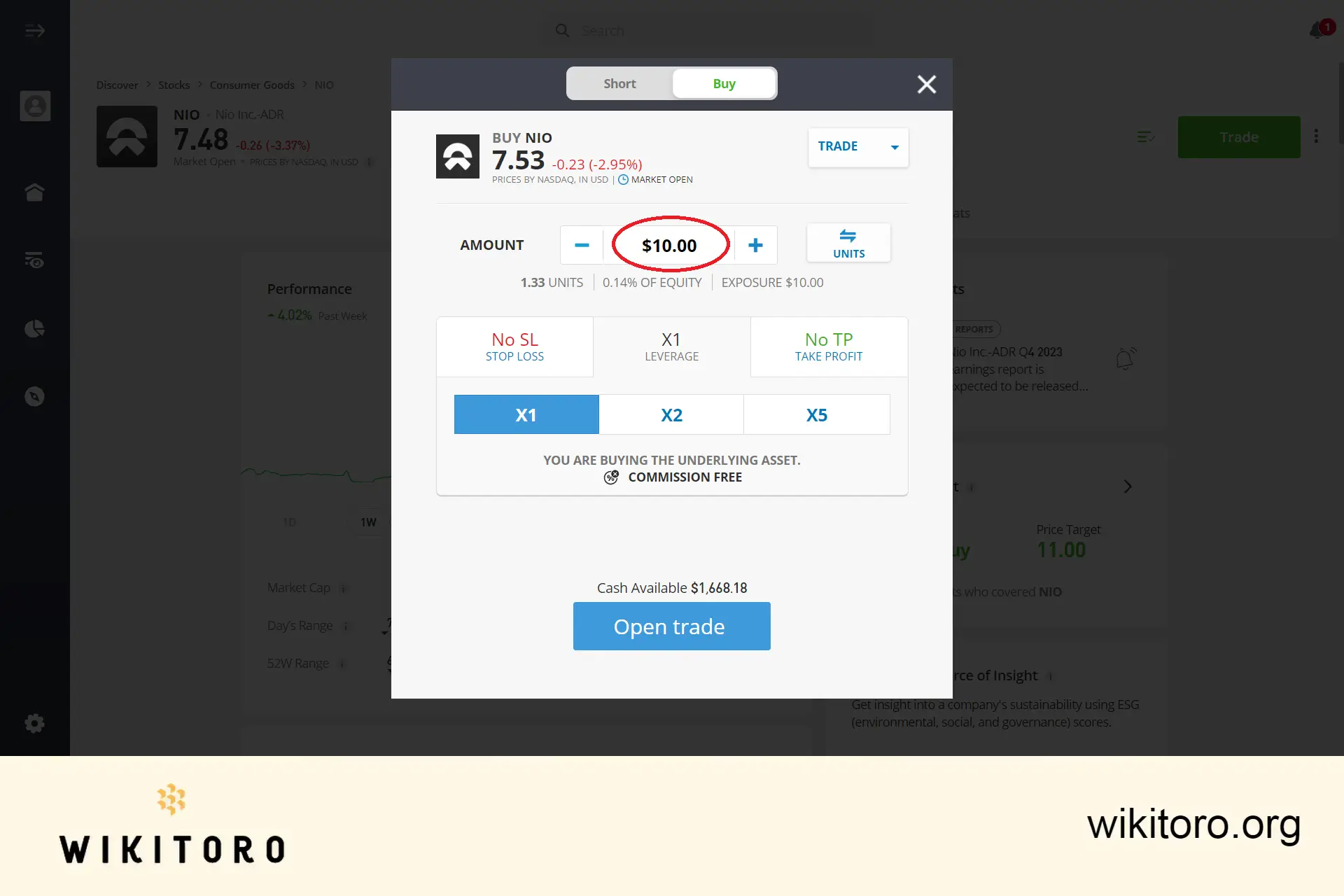 Entering NIO stocks investment amount on eToro