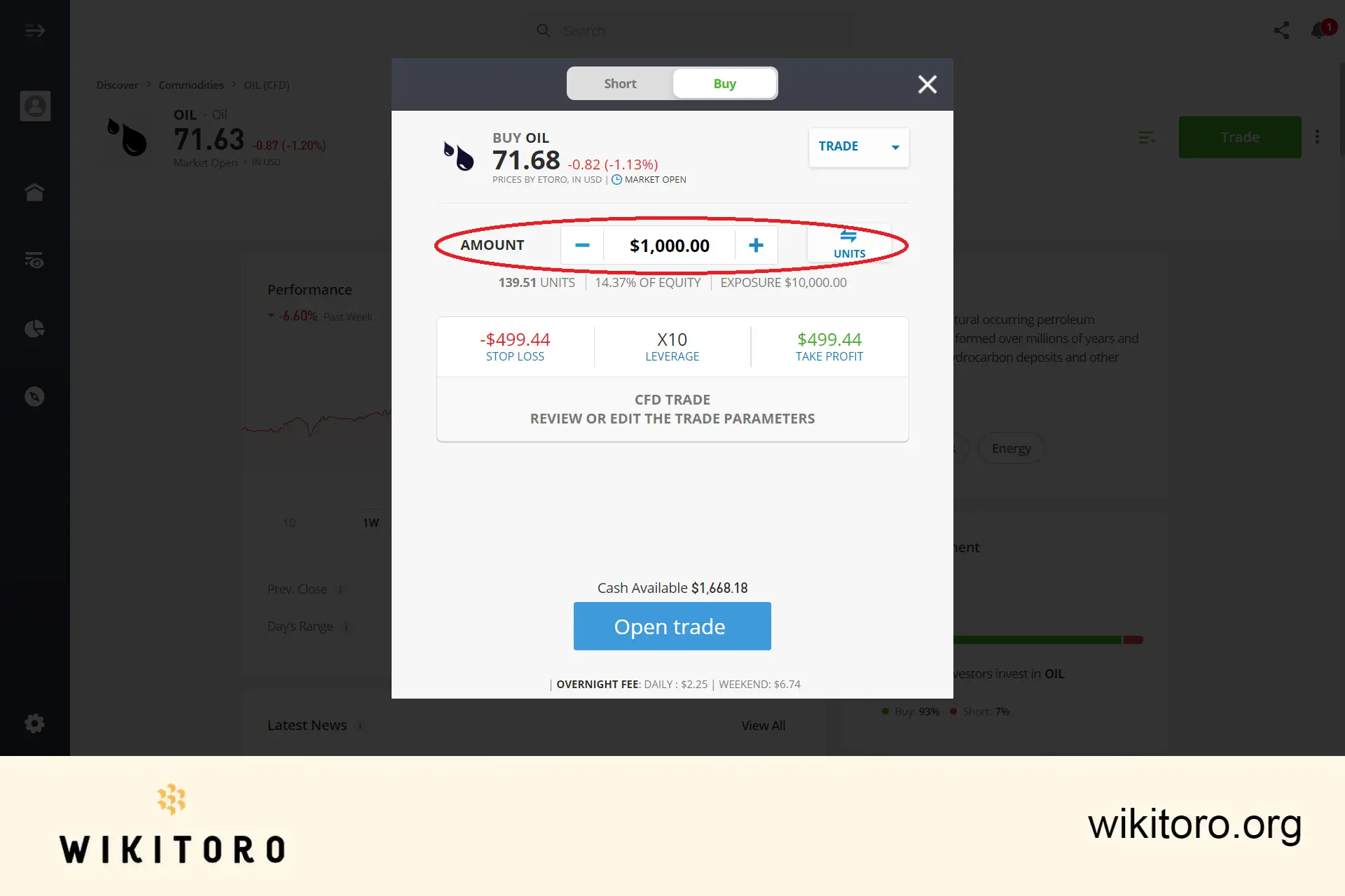 Setting oil trading parameters on eToro