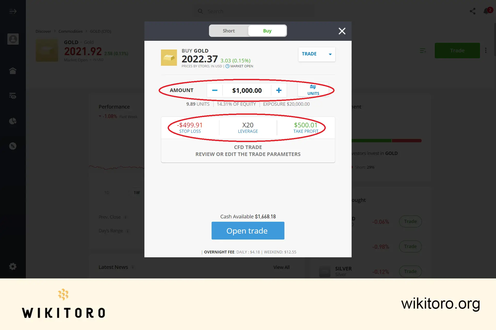 Setting gold trading parameters on eToro