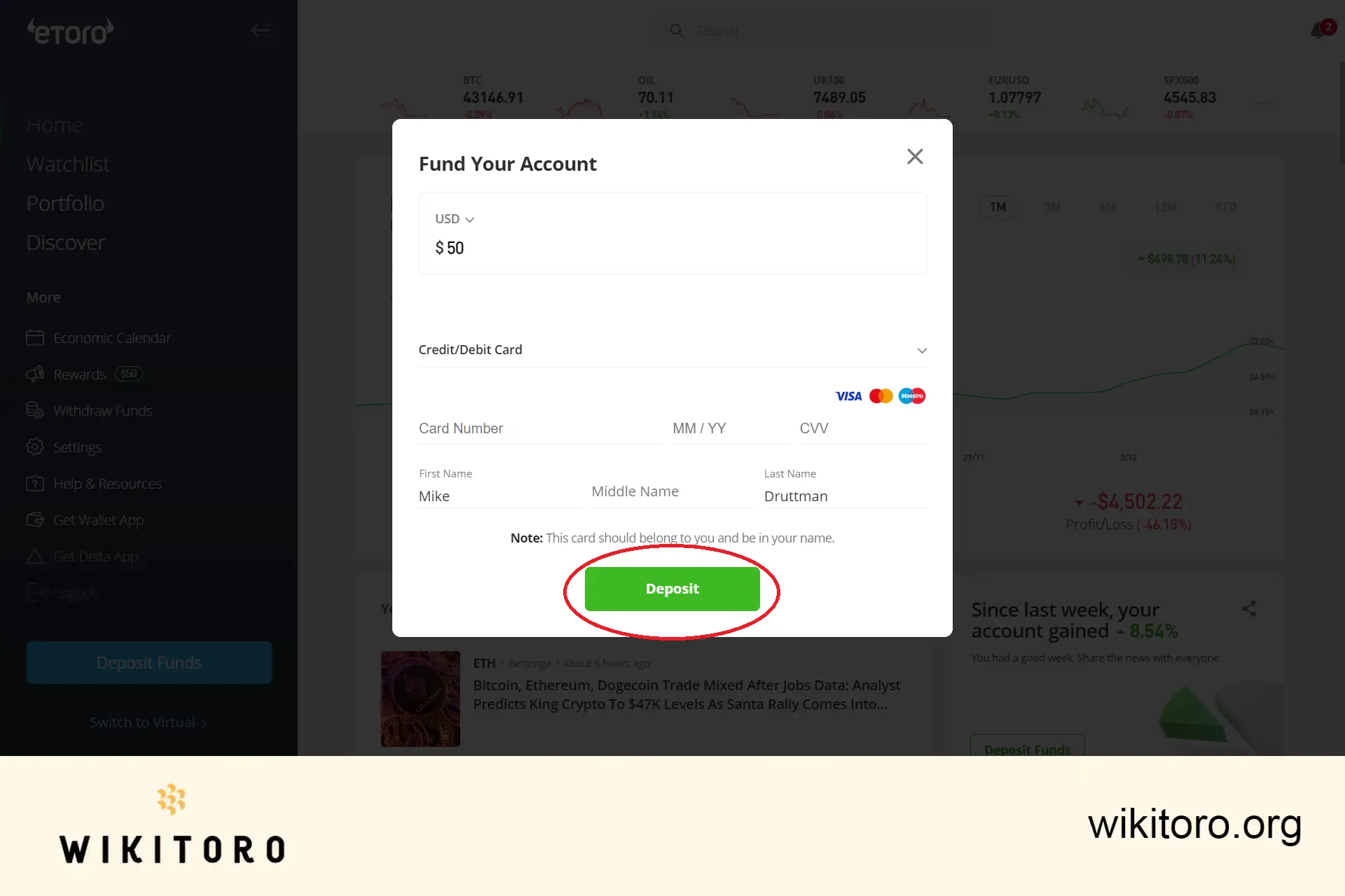 eToro deposit page