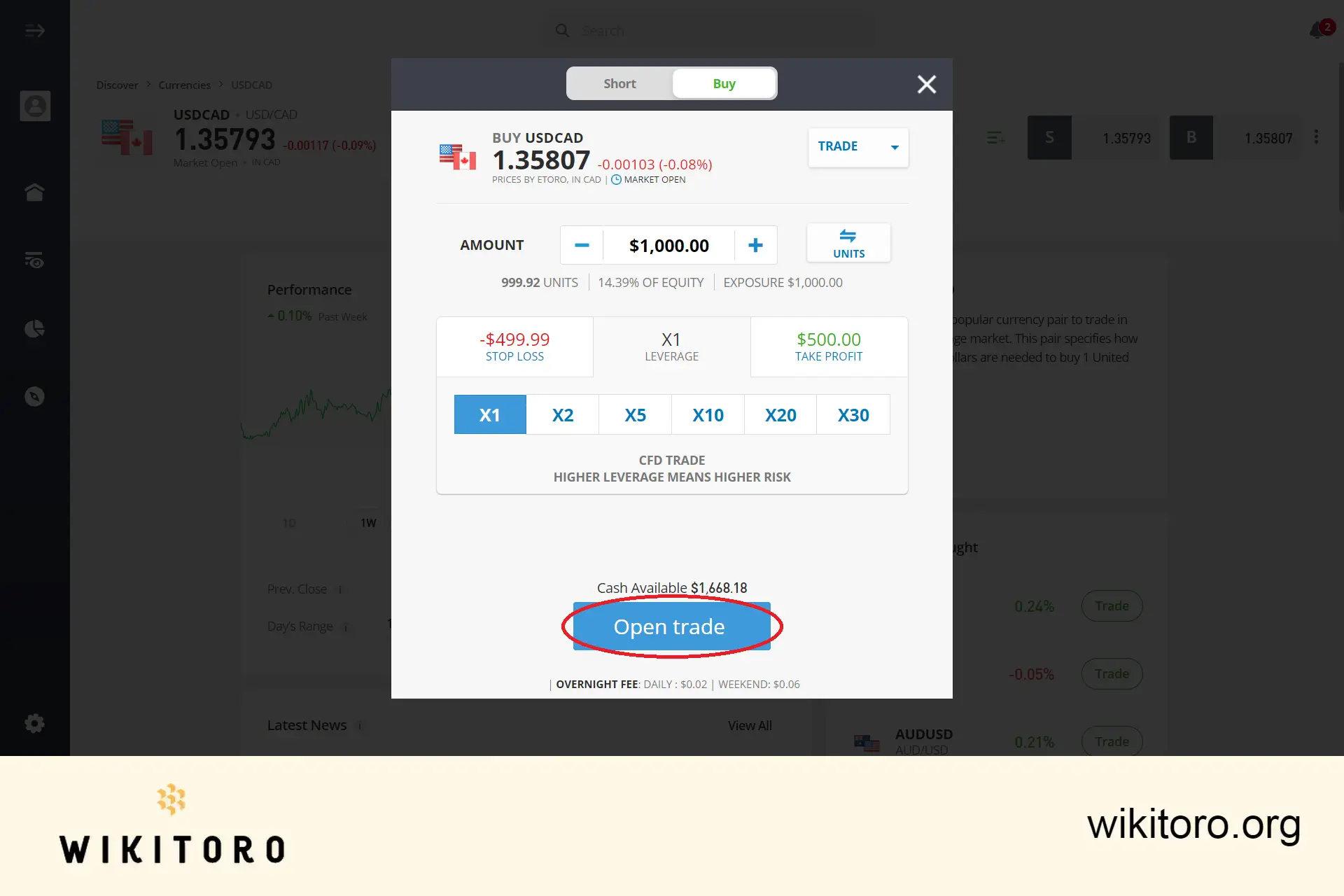 Executing eToro USDCAD trade