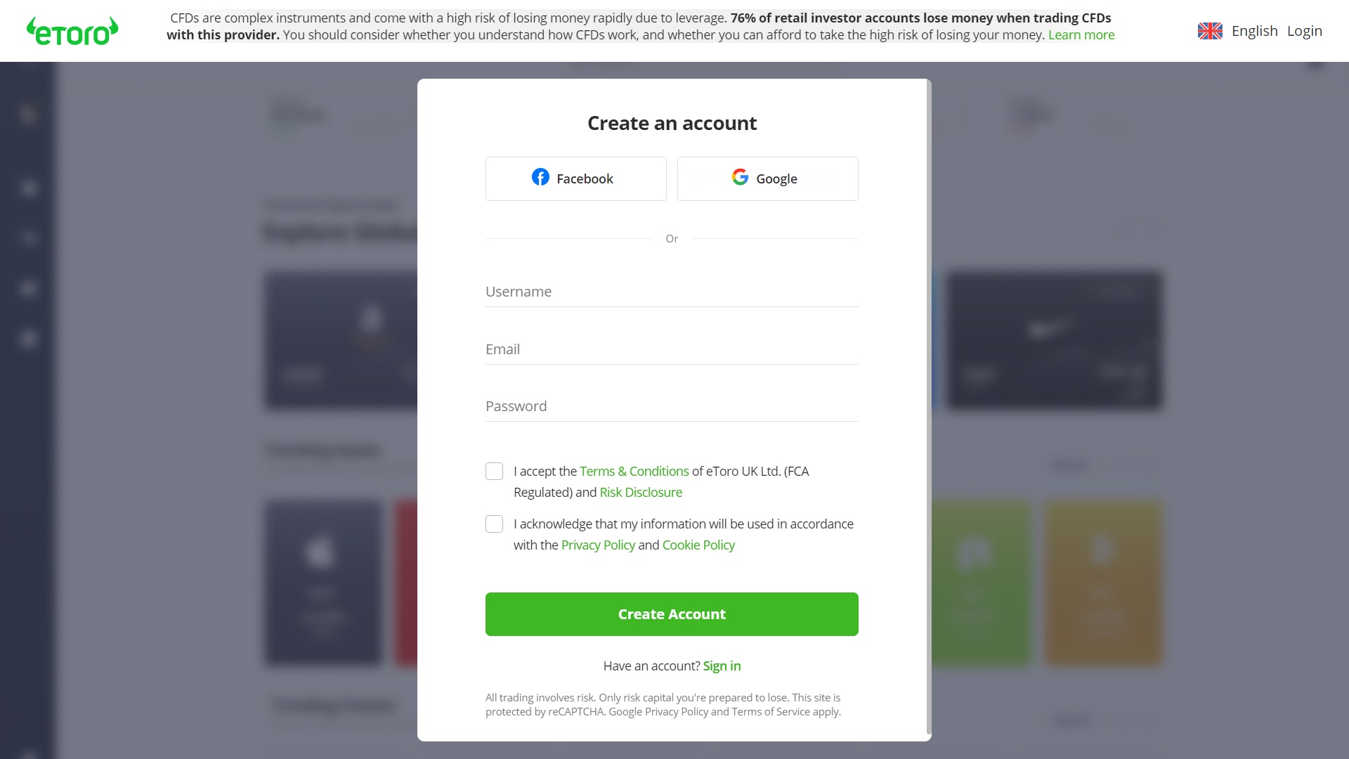 eToro registration page